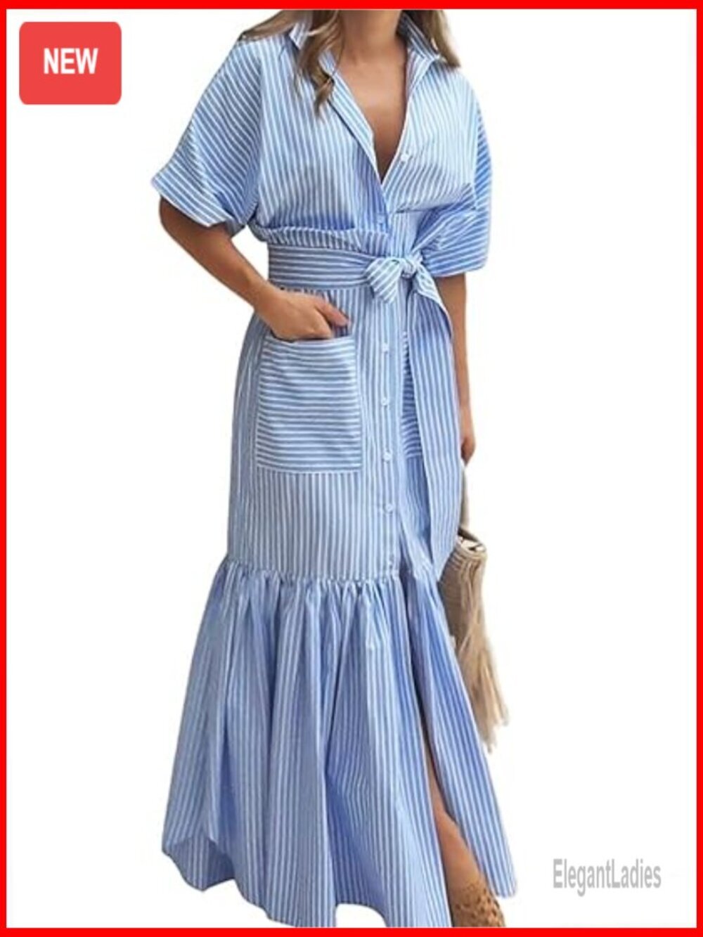 Striped Button Down Maxi Dress with Belt and Pockets - Picture 1 of 7